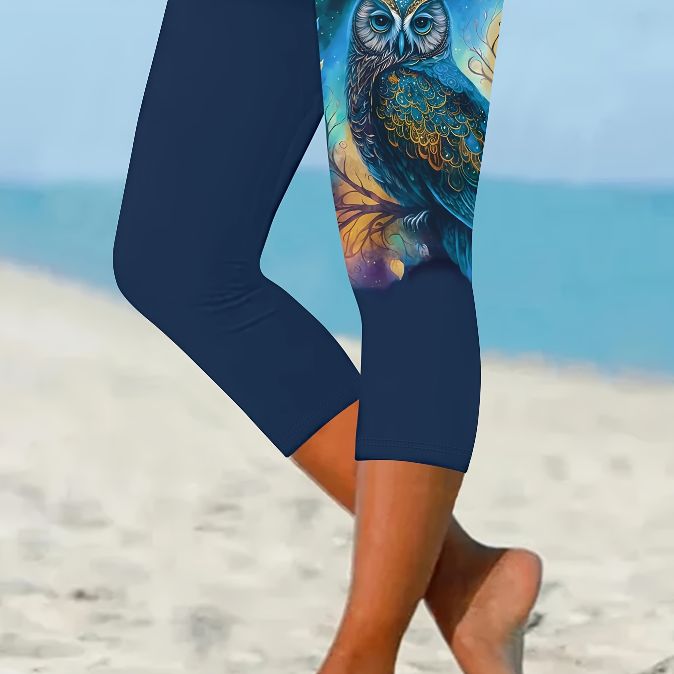 

Owl Print Skinny Leggings, Casual Elastic Waist Capris Leggings, Women's Clothing