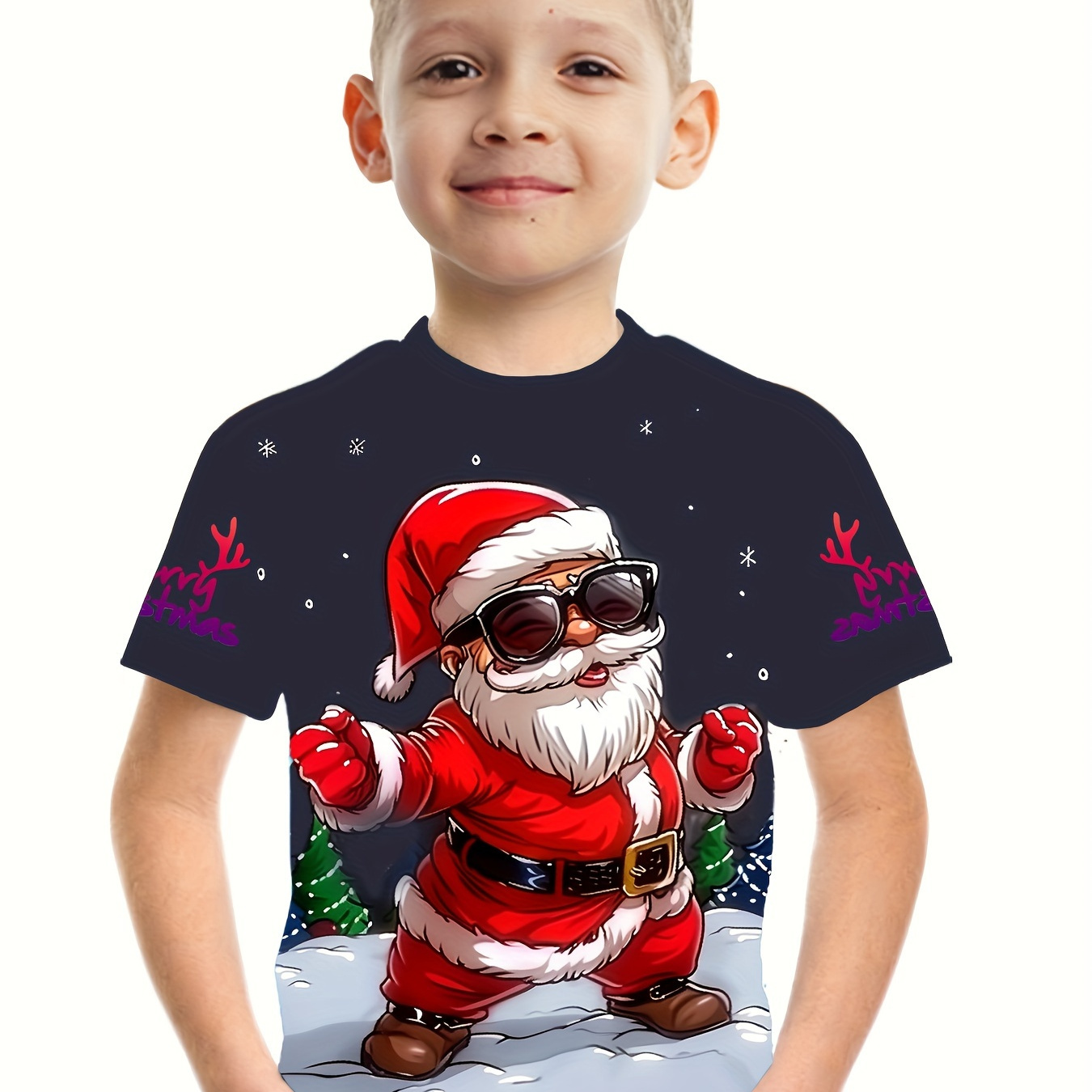 

Boys' Cool Santa 3d Print T-shirt - Comfy Casual Summer Tee With Stretch, Machine Washable