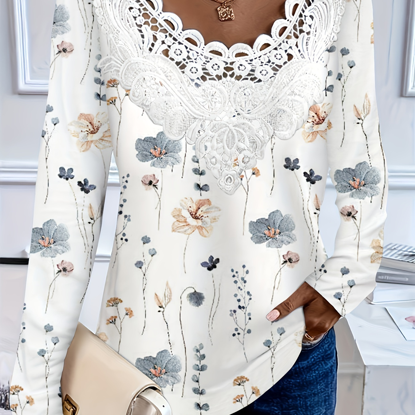 

Elegant Floral Print Long Sleeve T-shirt With Lace Ruffle Neck Detail, Crew Neck Polyester Top For Women - Slight Stretch, Knitted Fabric For Spring/summer/fall