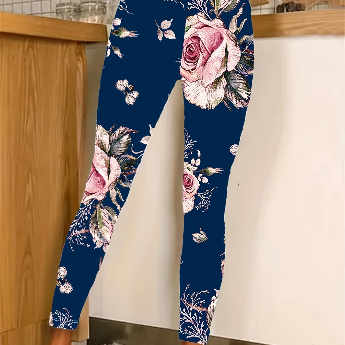 

Leggings skinny à imprimé floral grande taille, leggings extensibles à taille élastique décontractés pour le printemps et l'été, vêtements grande taille pour femmes