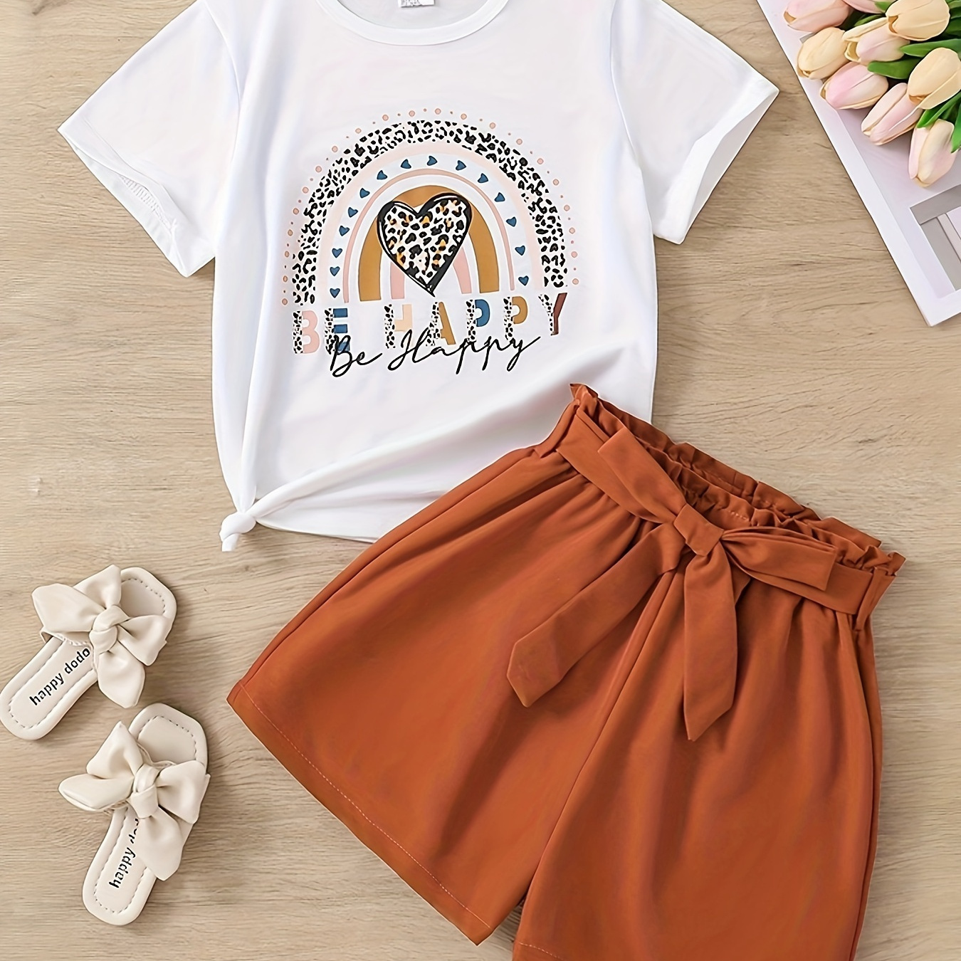 

2 Pcs Happy Rainbow Graphic T-shirt + Tie Waist Shorts Set, Casual Going Out Girl's Summer Clothes, Gift