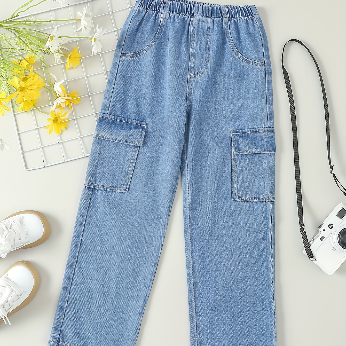 

Girls Solid Cargo Jeans Casual Versatile Straight Trousers For Daily Going Out Traveling