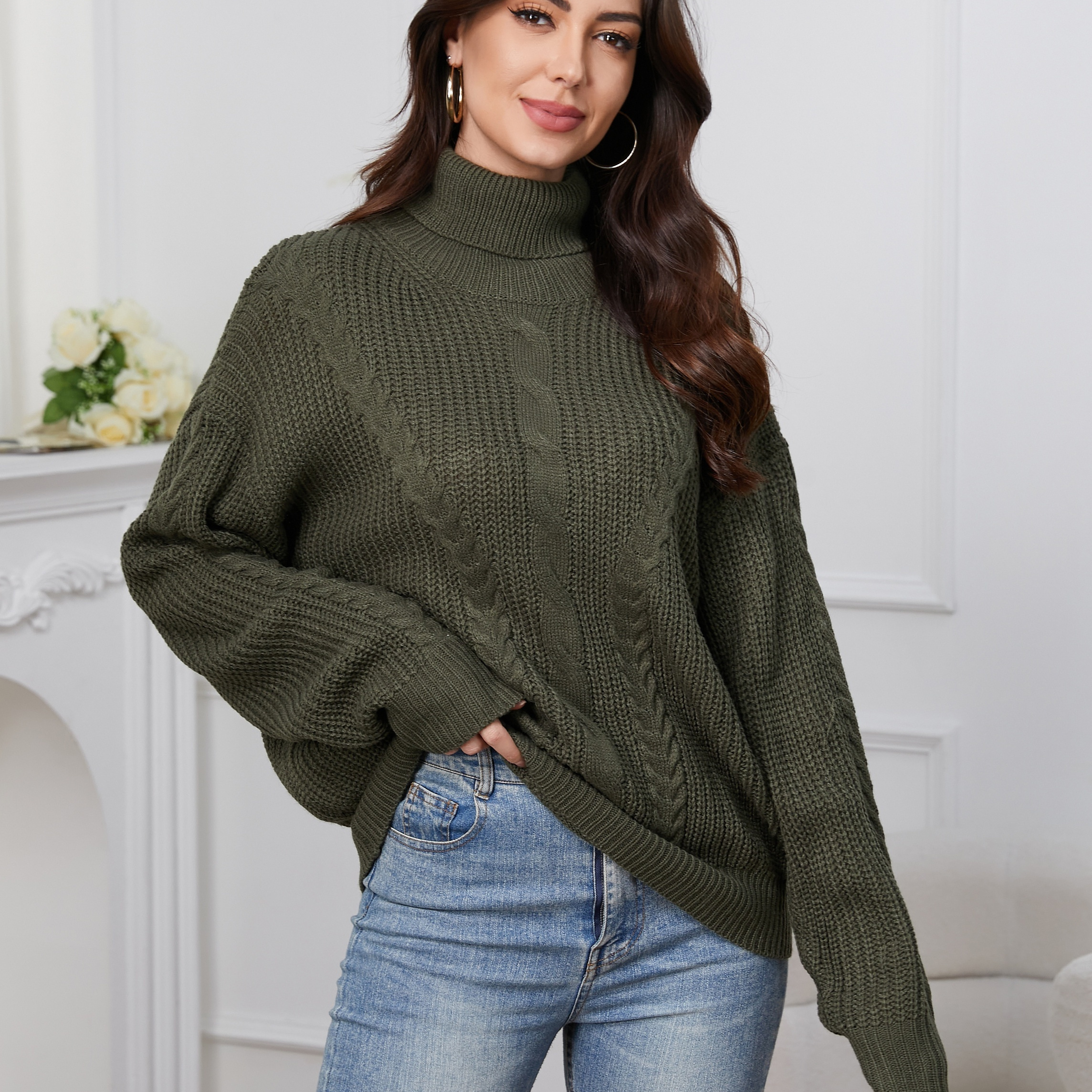 

Pull à col roulé en torsadé, pull vintage à manches longues de couleur unie pour et l'hiver, vêtements pour femmes