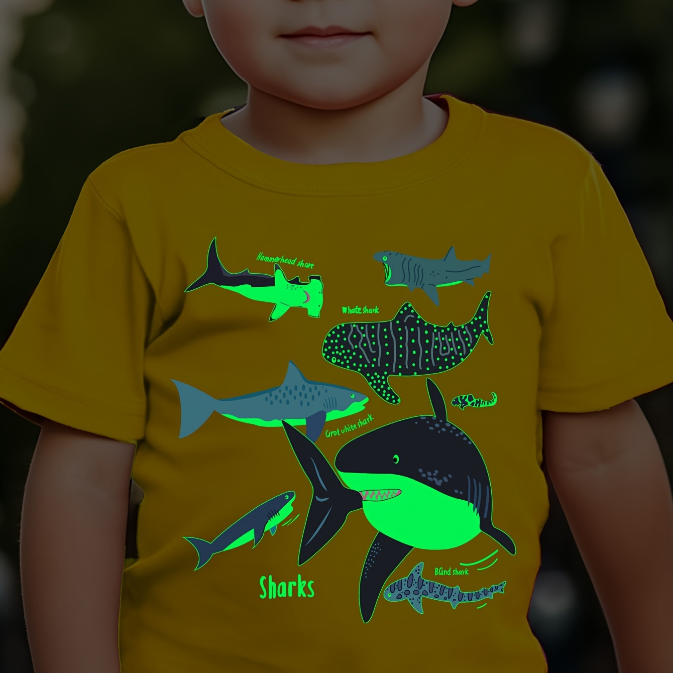 

Luminous Shark Print Boys T-shirt - Vibrant Short Sleeve Tee For Summer Fun - Casual Style For Boys And Girls