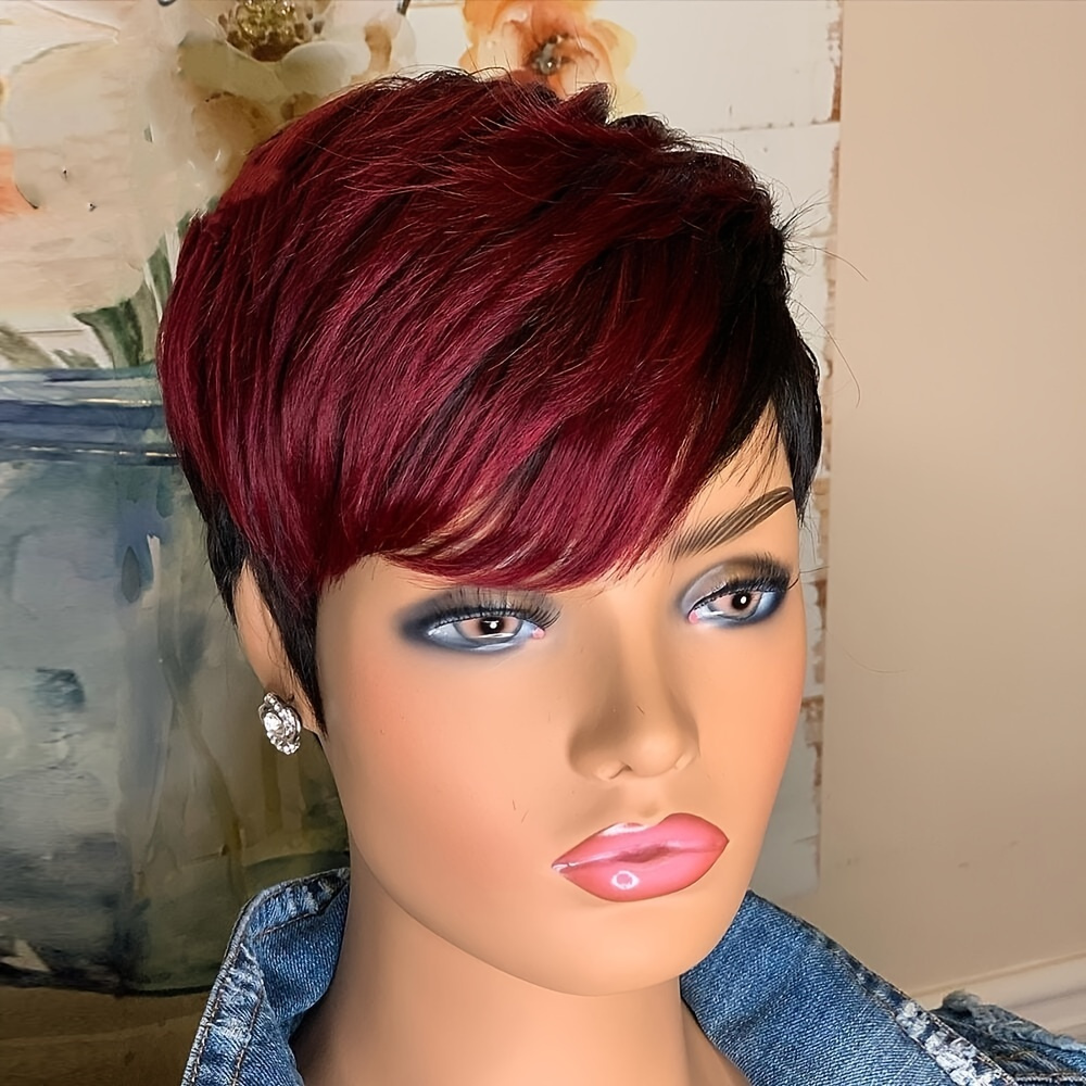 

Synthetic New Products Highlight Wine Red Mixed Black Straight Bob Pixie Cut New Fashion Style Wigs For Women, Heat Resistant Fiber 6inch 150% Density