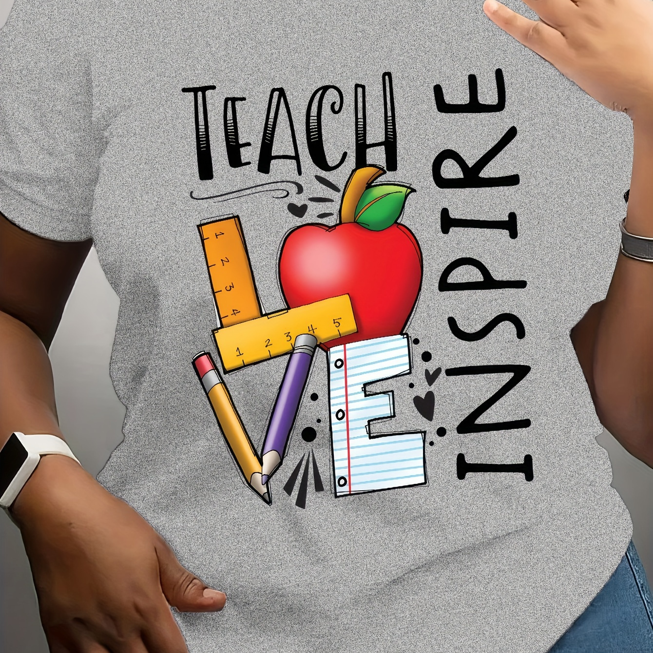 

Plus Size Teacher's Day Casual T-shirt, Women's Plus Letter & Graphic Print Short Sleeve Round Neck Medium Stretch T-shirt