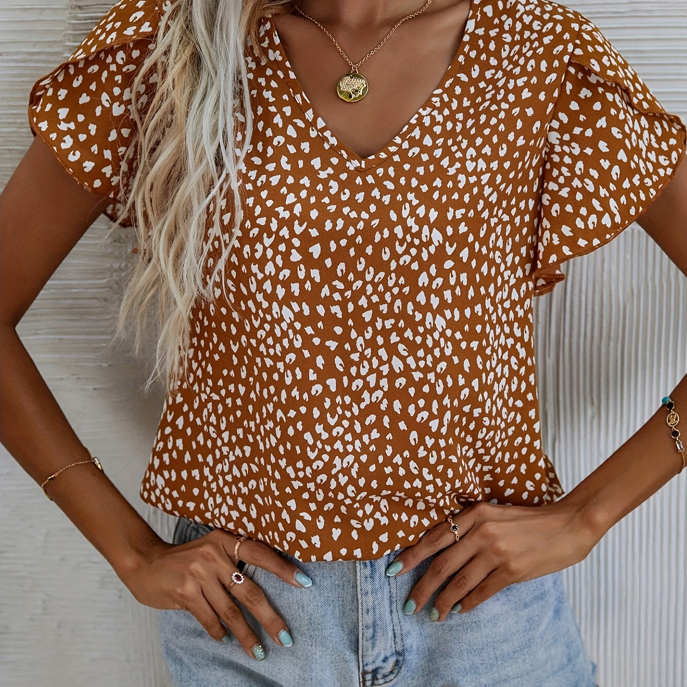 

Leopard Print V Neck Blouse, Casual Petal Sleeve Blouse For Spring & Summer, Women's Clothing