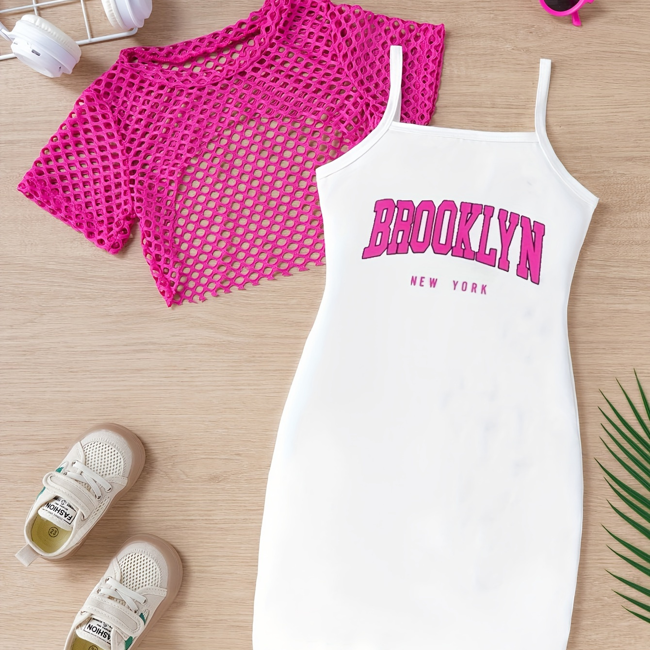 

Trendy 2pcs Girls Hollow-out Cover-up Tee + Letter Cami Dress Two-piece Set