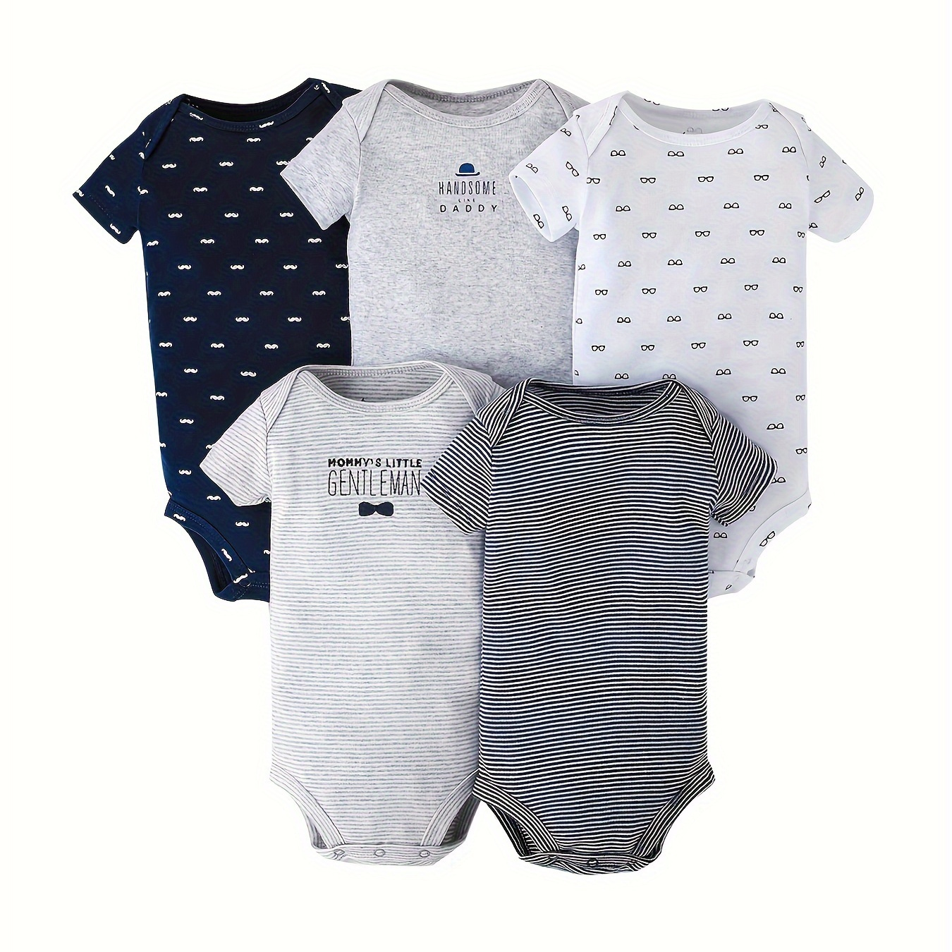 

5pcs Infant's 100% Cotton Gentleman Themed Bodysuit, Comfy Short Sleeve Onesie, Baby Boy's Clothing