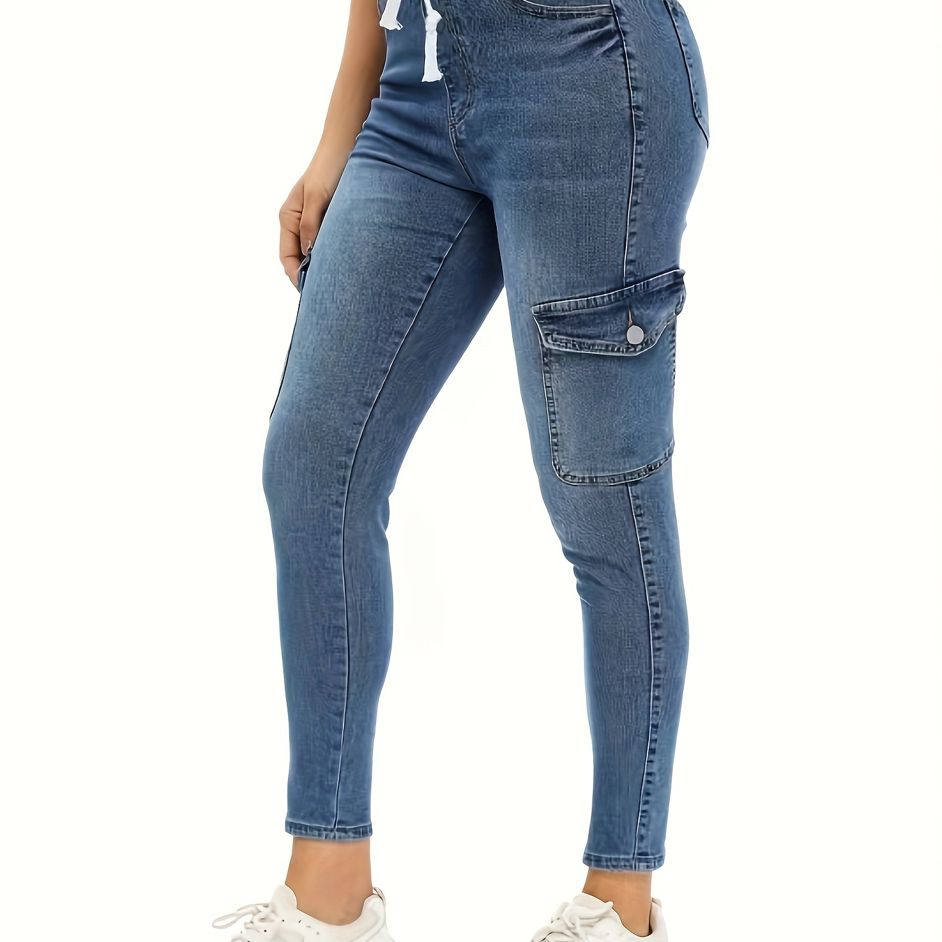 

Women's Elastic Waist Drawstring Cargo Skinny Jeans, High Stretch Denim Pants, Casual Style, Multiple Pockets, Ankle-length