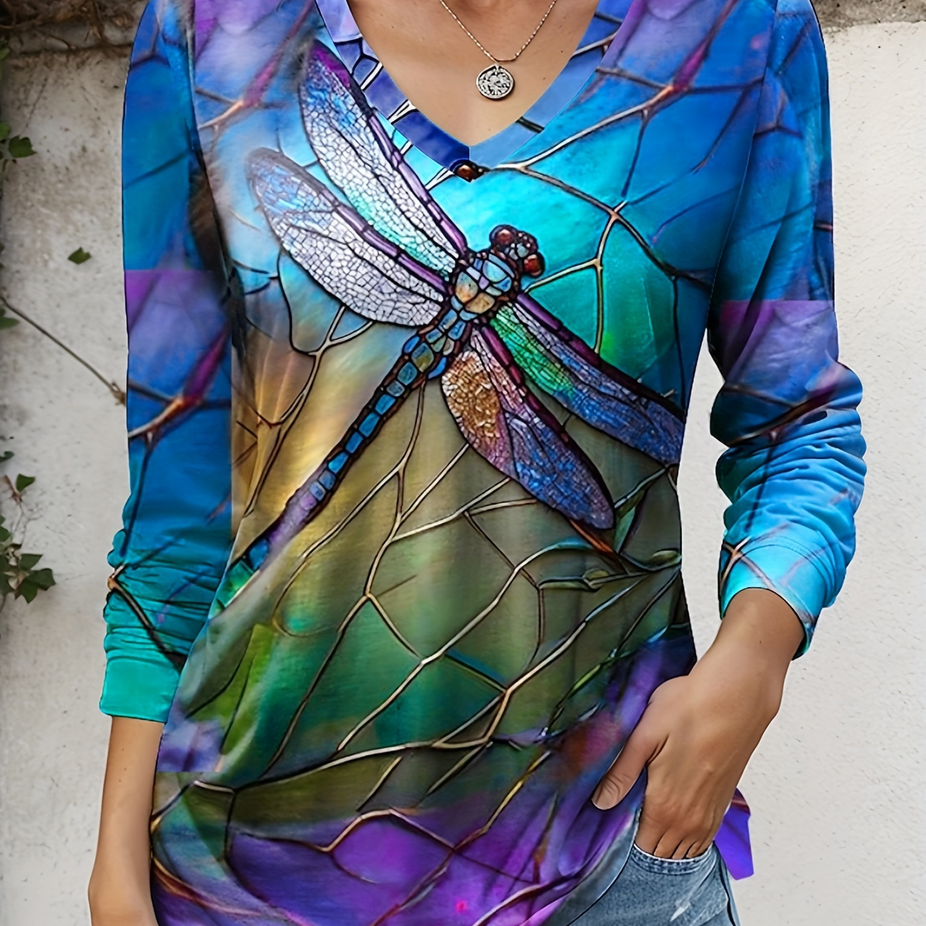 

Dragonfly Print V Neck T-shirt, Long Sleeve Casual Top For Spring & Fall, Women's Clothing