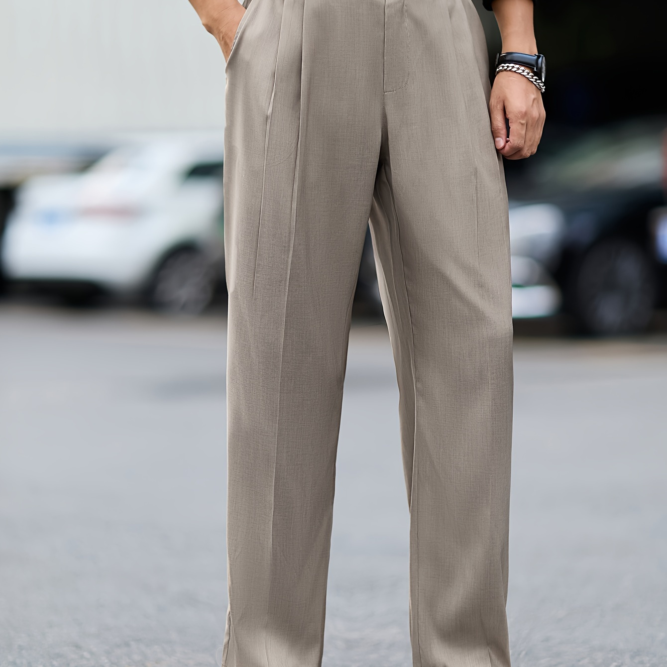 

Elegant Men's Trousers - 100% Polyester Non-stretch Fabric, Solid Color Regular Fit Slacks With Loose Cut For Mature - Woven Mature Style Dress Pants