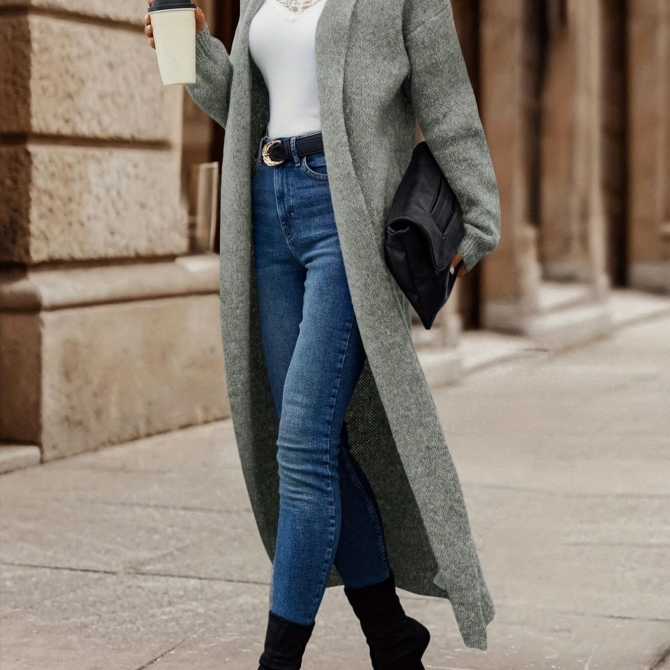 

Long Length Drop Shoulder Cardigan, Elegant Long Sleeve Cardigan For Fall & Winter, Women's Clothing