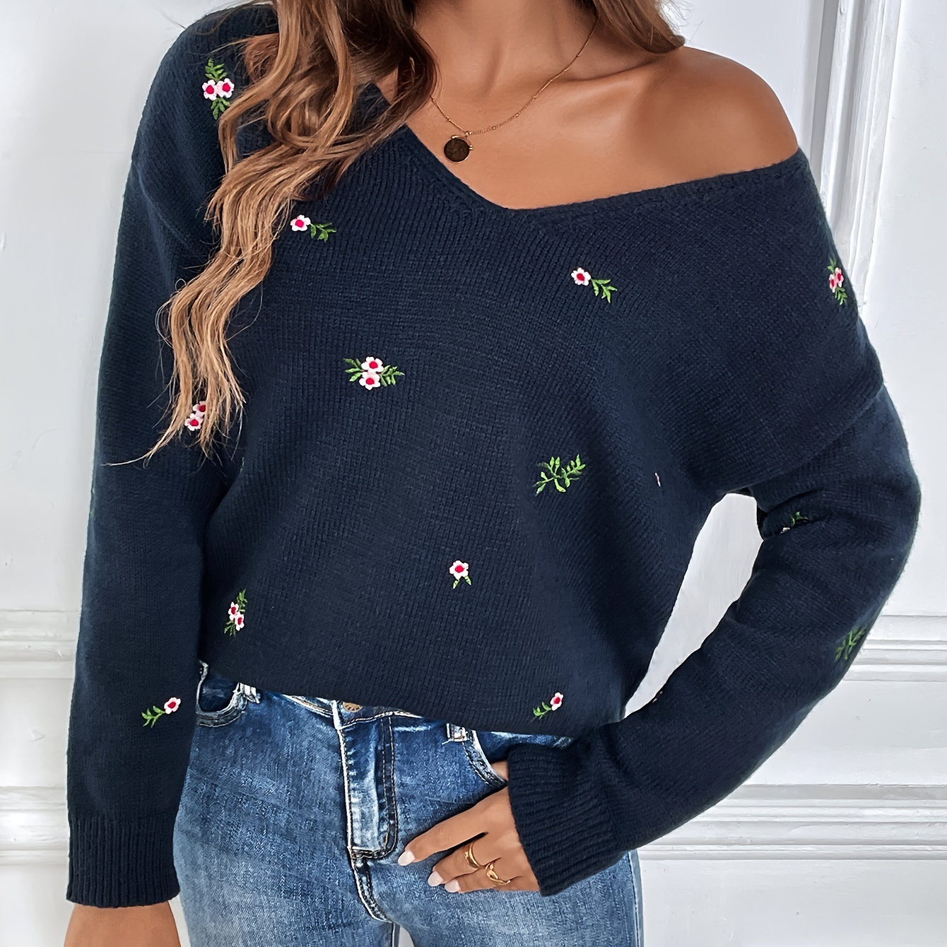

Embroidered Drop Shoulder Knitted Sweater, Elegant V Neck Long Sleeve Loose Sweater, Women's Clothing
