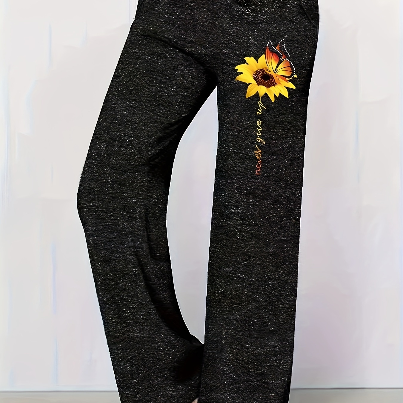 

Sunflower Print Drawstring Pants, Casual Every Day Wide Leg Comfy Pants, Women's Clothing