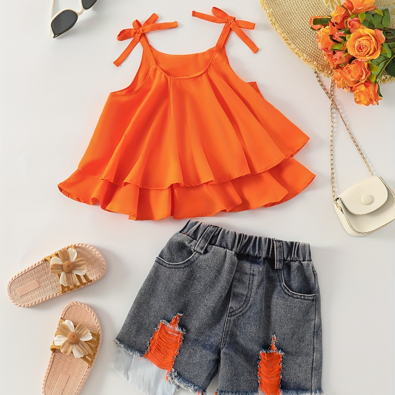 

Sweet Girls 2-piece Set Ruffle Sling Top + Ripped Denim Shorts Set Fashion Summer Outfit, Gift