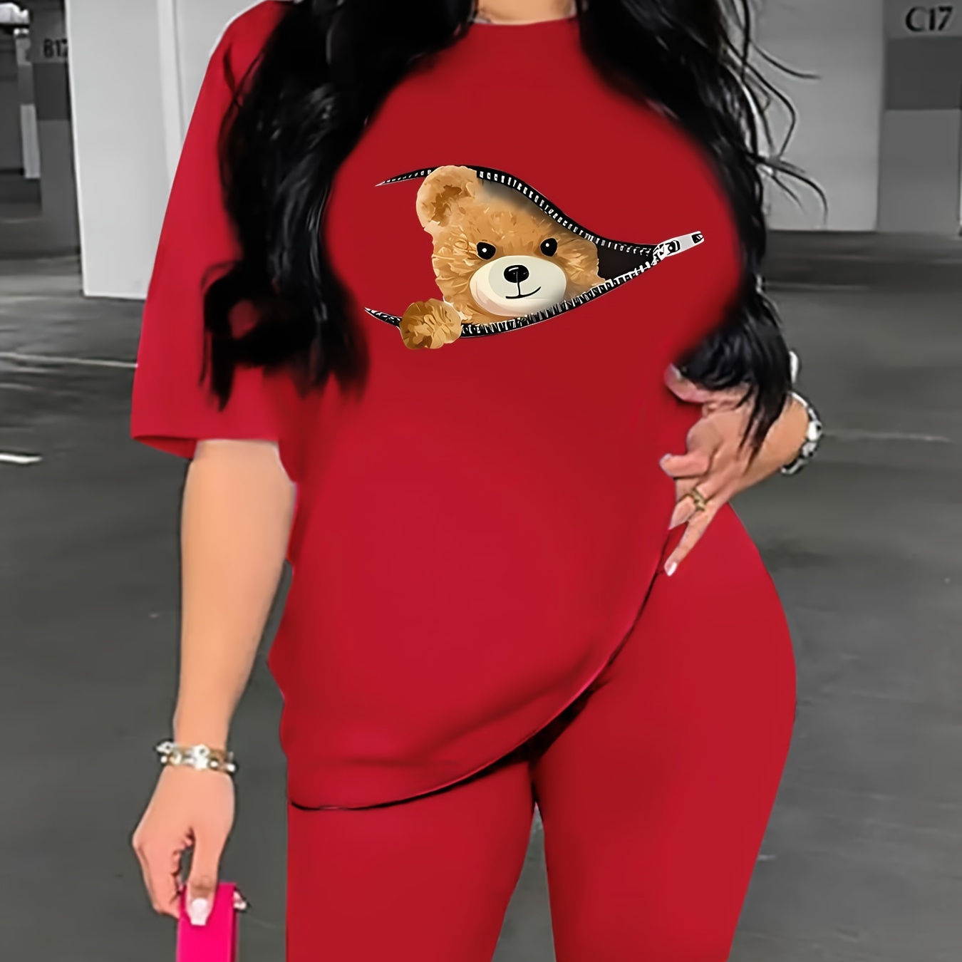 

Casual Two-piece Shorts Set, Short Sleeve Graphic Print T-shirt & Solid Skinny Elastic Waist Shorts Outfits, Women's Clothing