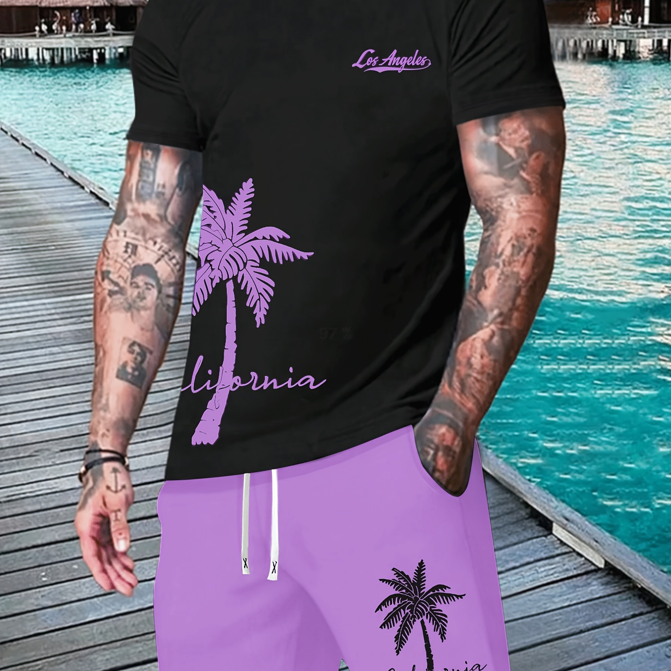 

2pcs Coconut Print Print Men's Casual Comfy Set, Short Sleeve T-shirt & Shorts Outfits, Cool, Versatile And Comfortable Co Ord Set For Summer