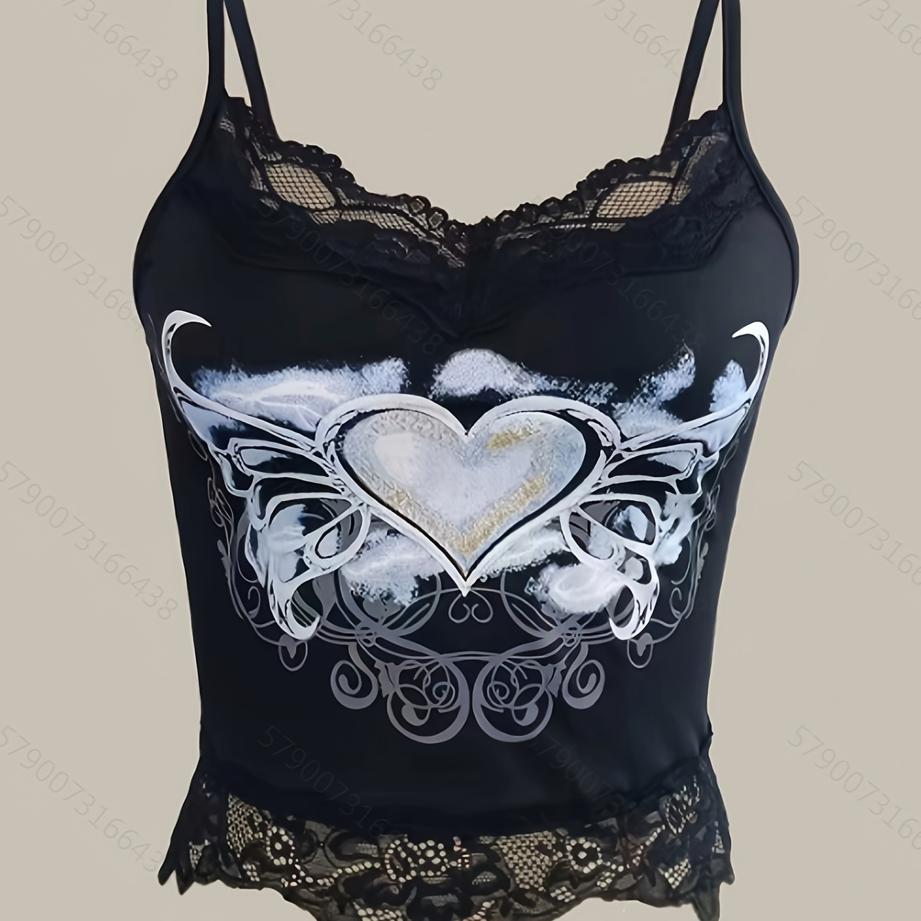 

Y2k Heart Print Cami Top, Contrast Lace Slim Sleeveless Tops, Women's Clothing For Grunge Style