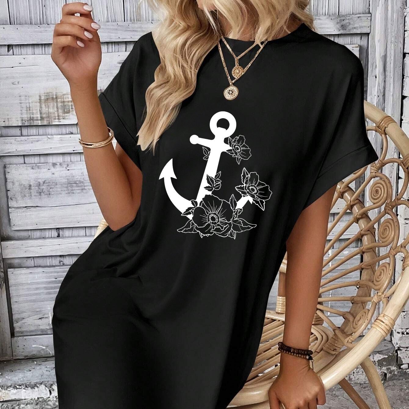 

Ship Anchor Print Tee Dress, Short Sleeve Crew Neck Casual Dress For Summer & Spring, Women's Clothing