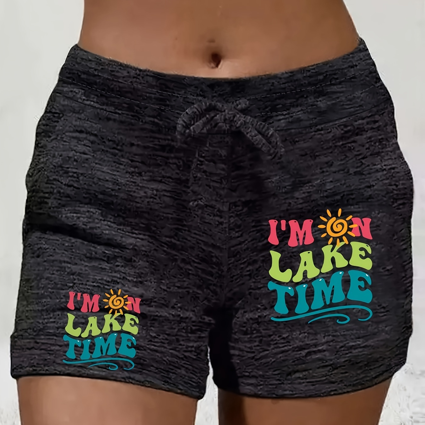 

Lake Time Letter Print Drawstring Shorts, Casual Skinny Shorts For Spring & Summer, Women's Clothing