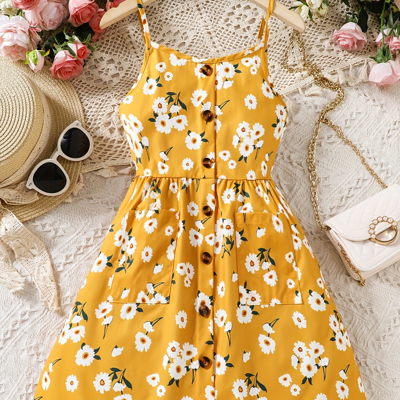 

Button Decor Cami Floral Dress, Girls Sweet Sleeveless Dresses For Summer Holiday Party Gift