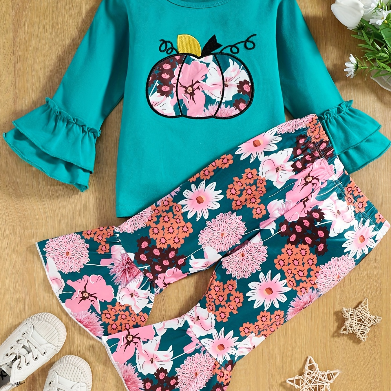 Girls Floral Pumpkin Print Flared Sleeves T Shirt Pants Set, Cute 2Pcs Outfits For Girls