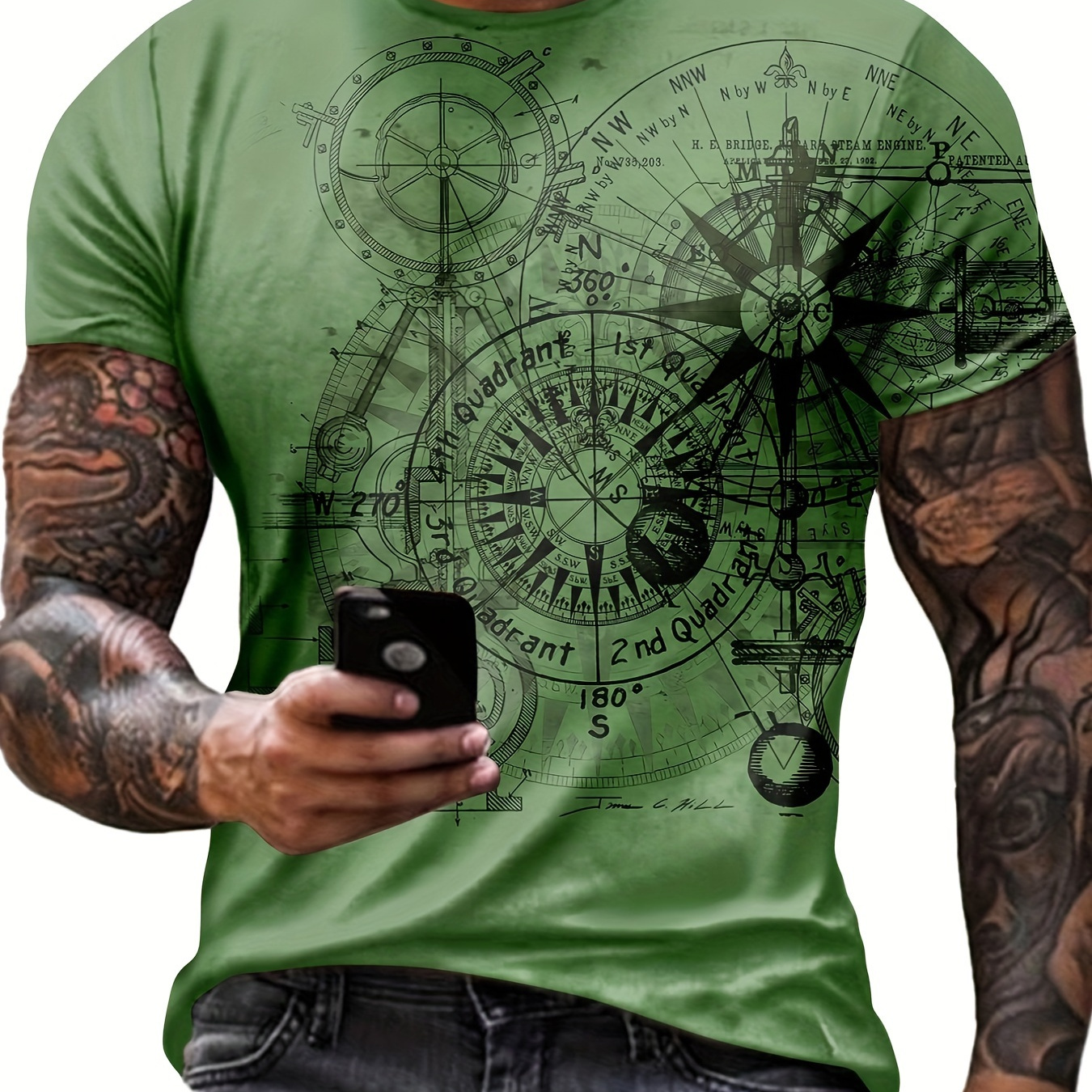 

Men's Casual Blue T-shirt With Compass & Gears Graphic - Short Sleeve, Polyester, Machine Washable, Wear