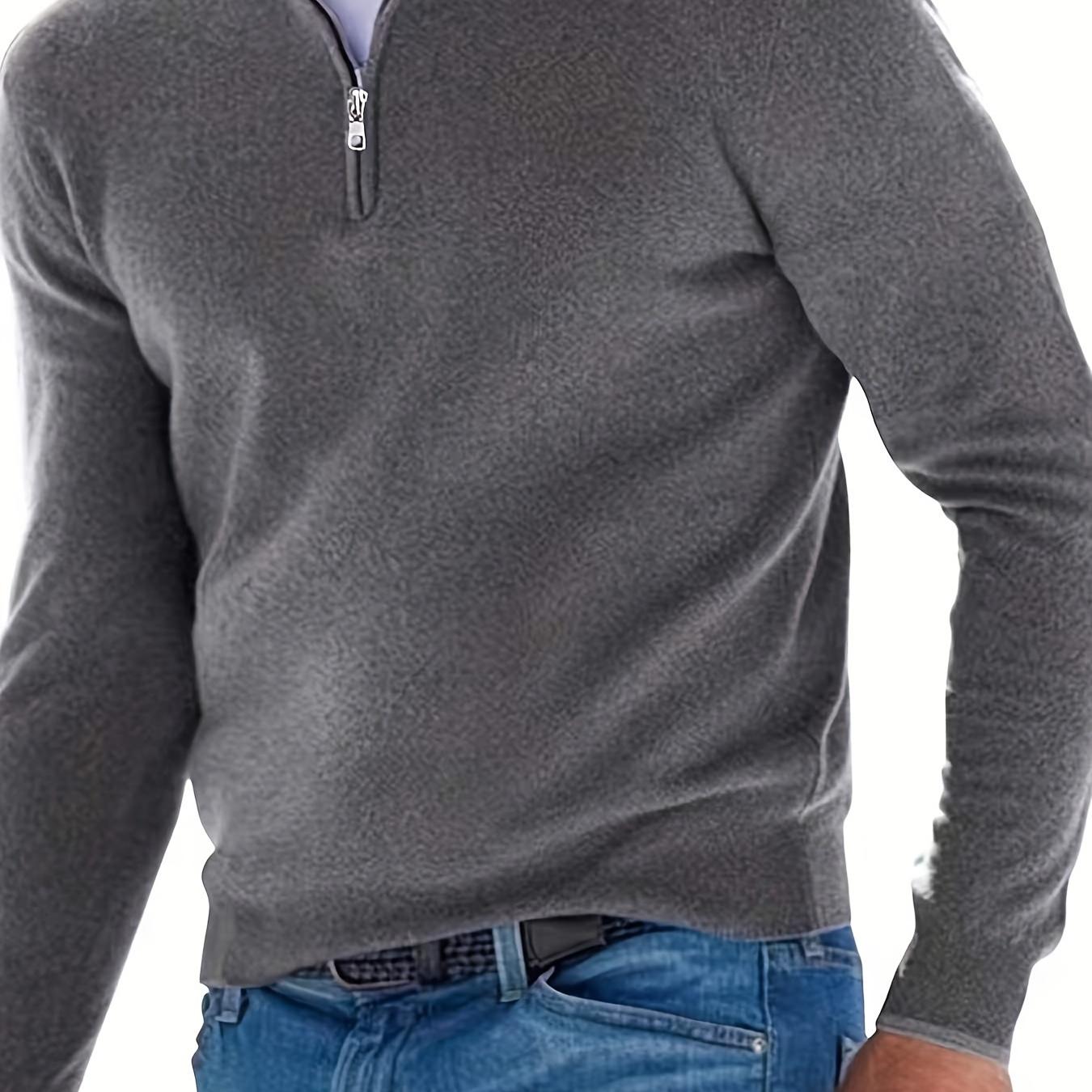 

Solid Color Men's High Stretch Long Sleeve Knitted Stand Collar Sweater With Zipper, Spring Fall, Old Money Style