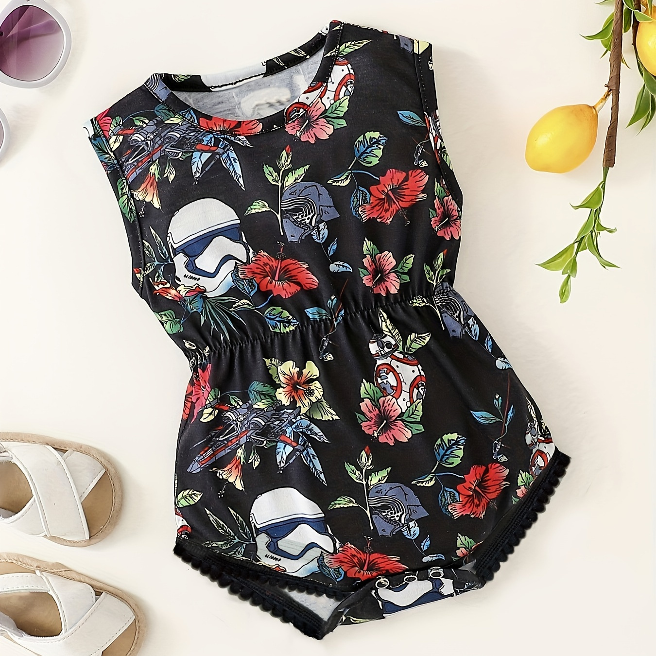 

Baby Girls Sleeveless Triangle Bodysuit, Baby Round Neck Vintage Floral Robot Print Onesie