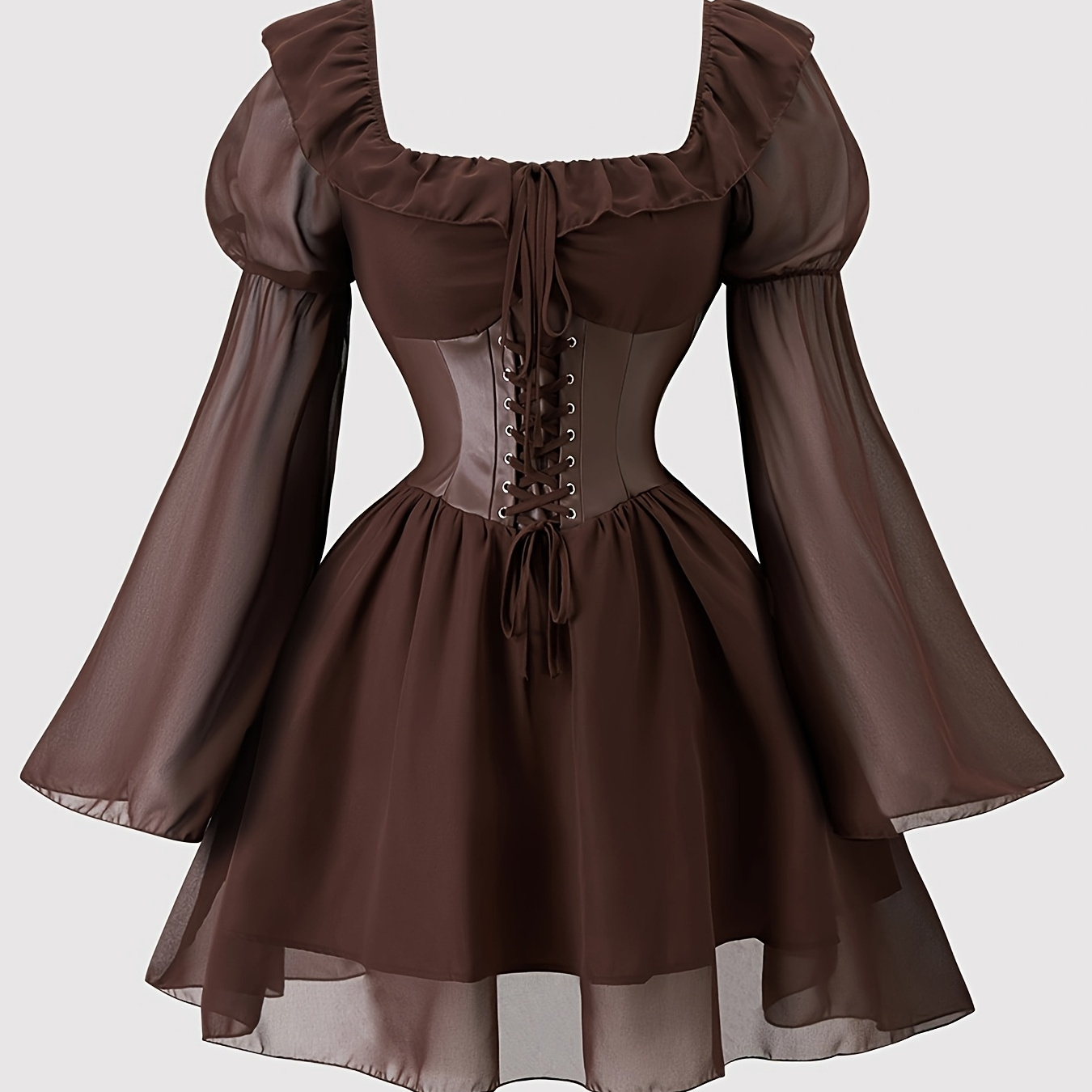 

Robe Vintage en Mousseline Marron & Taille en PU A-Line avec Manches Cloche Vintage et Détail à Volants - Semi-Transparente, Lavable en Machine pour Événements de Printemps/Été/Automne