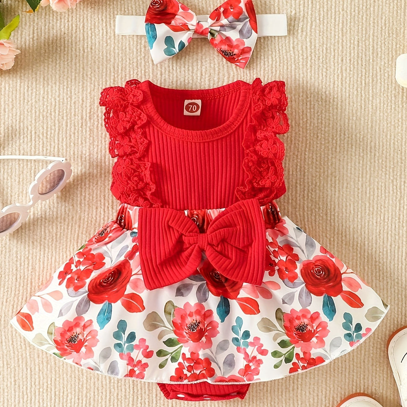 

Baby Girl Clothes Newborn Romper Flower Pattern Dress Infant Lace Ruffle Sleeveless Summer One-piece Outfits With Headband 0-12 Months
