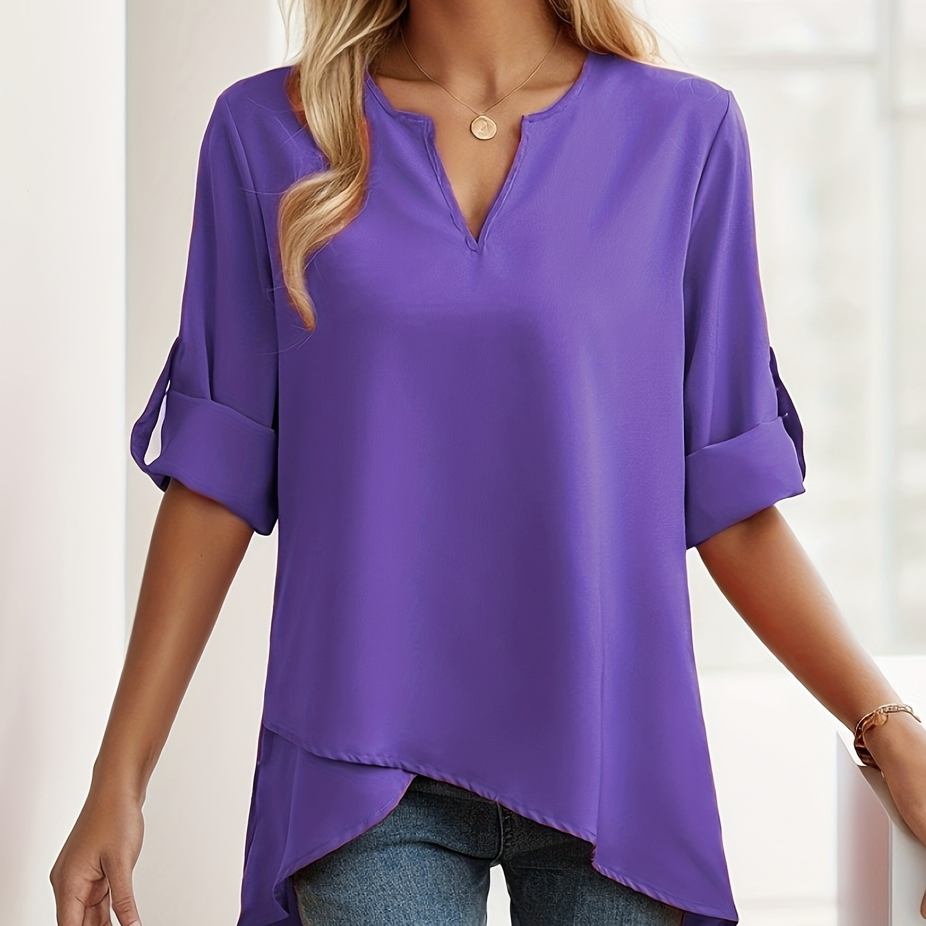 

Notched Neck High-low Hem Blouse, Elegant Half Sleeve Loose Cross Top For Spring & Fall, Women's Clothing
