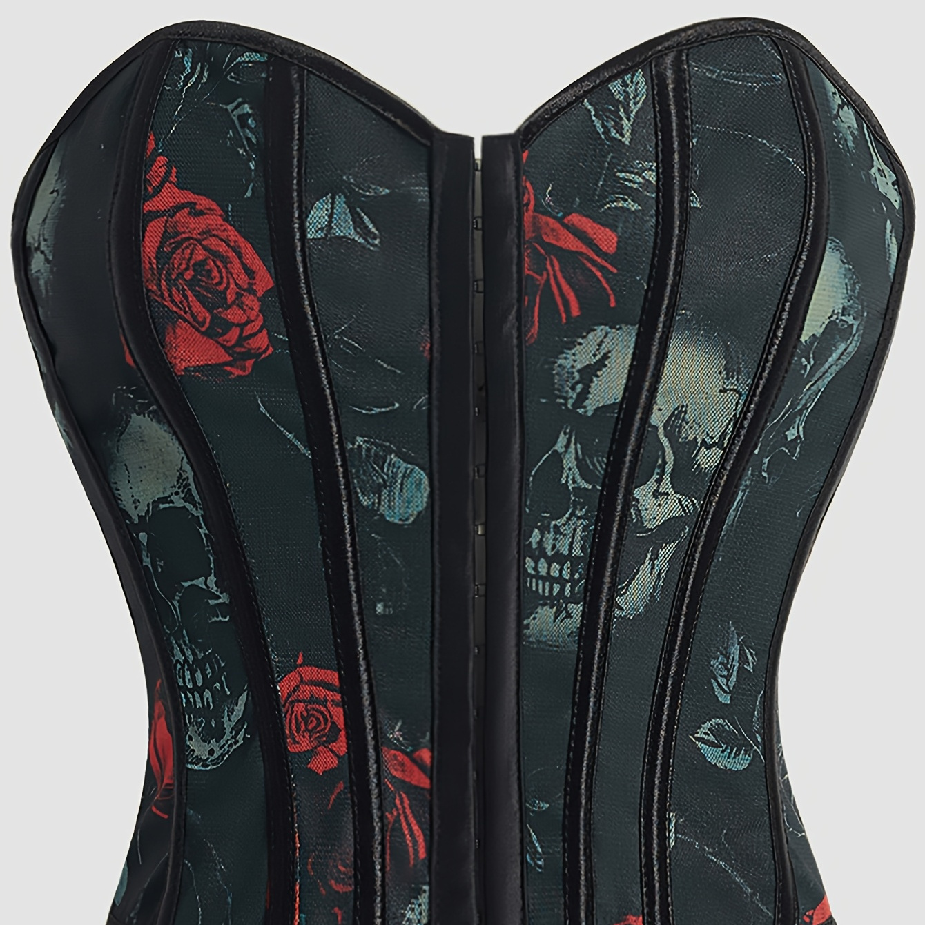 

[statement Fashion] Elegant Skull Print Lace-up Corset Top For Women - Gothic Style, High Support, Tummy Control, Black With Red Roses & Skull Design, No-pad Bustier, Hand Wash Only