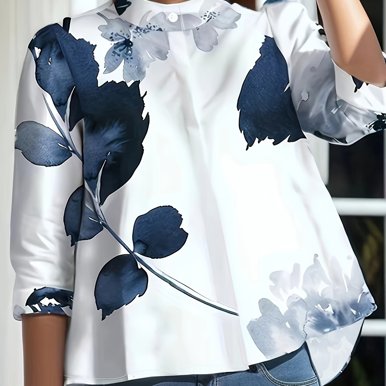 

Plant Print Mock Neck Blouse, Casual Three-quarter Sleeve Blouse For Spring & Fall, Women's Clothing