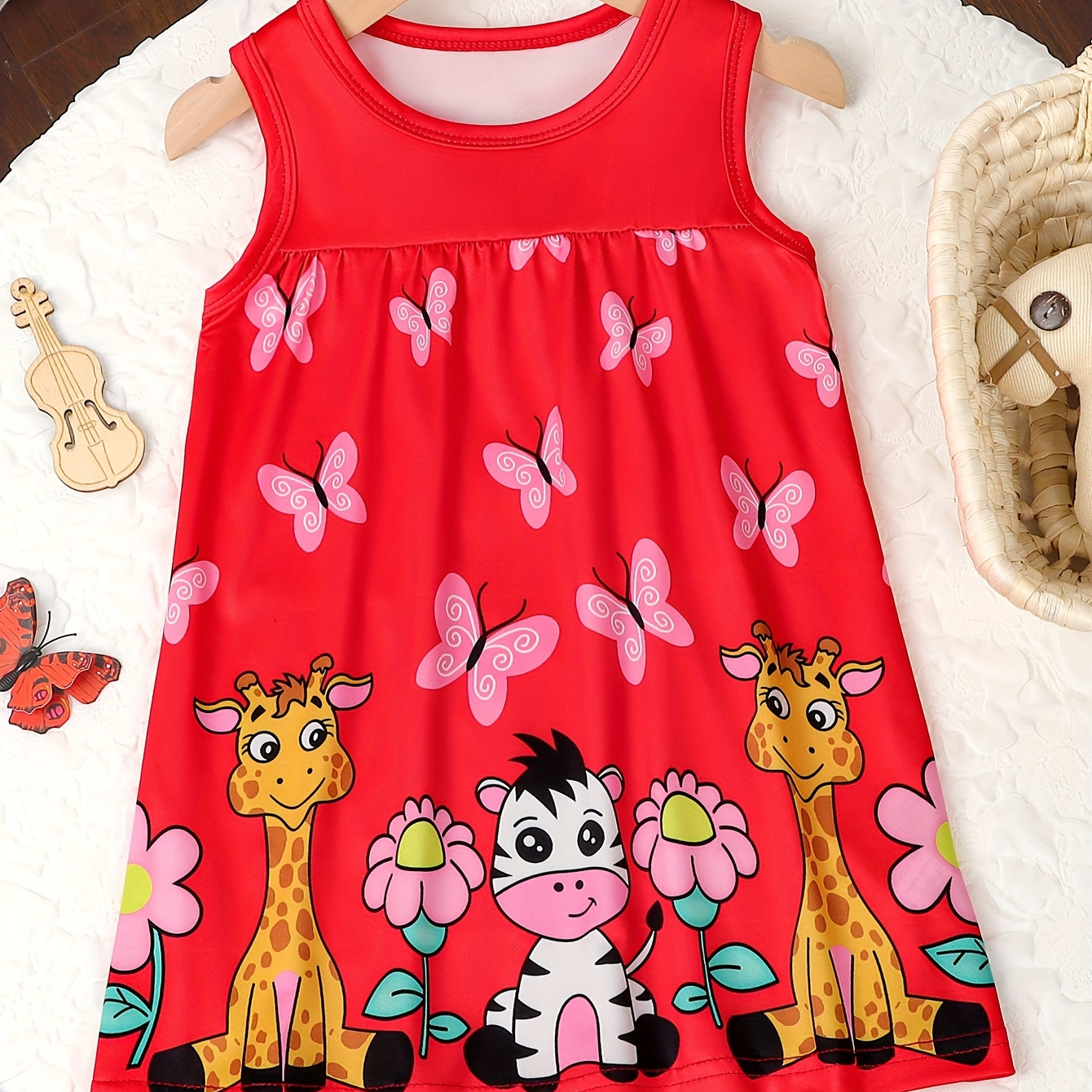 

Baby's Casual Cartoon Giraffe Zebra Butterfly Pattern Sleeveless Dress, Infant & Toddler Girl's Clothing For Summer/spring, As Gift