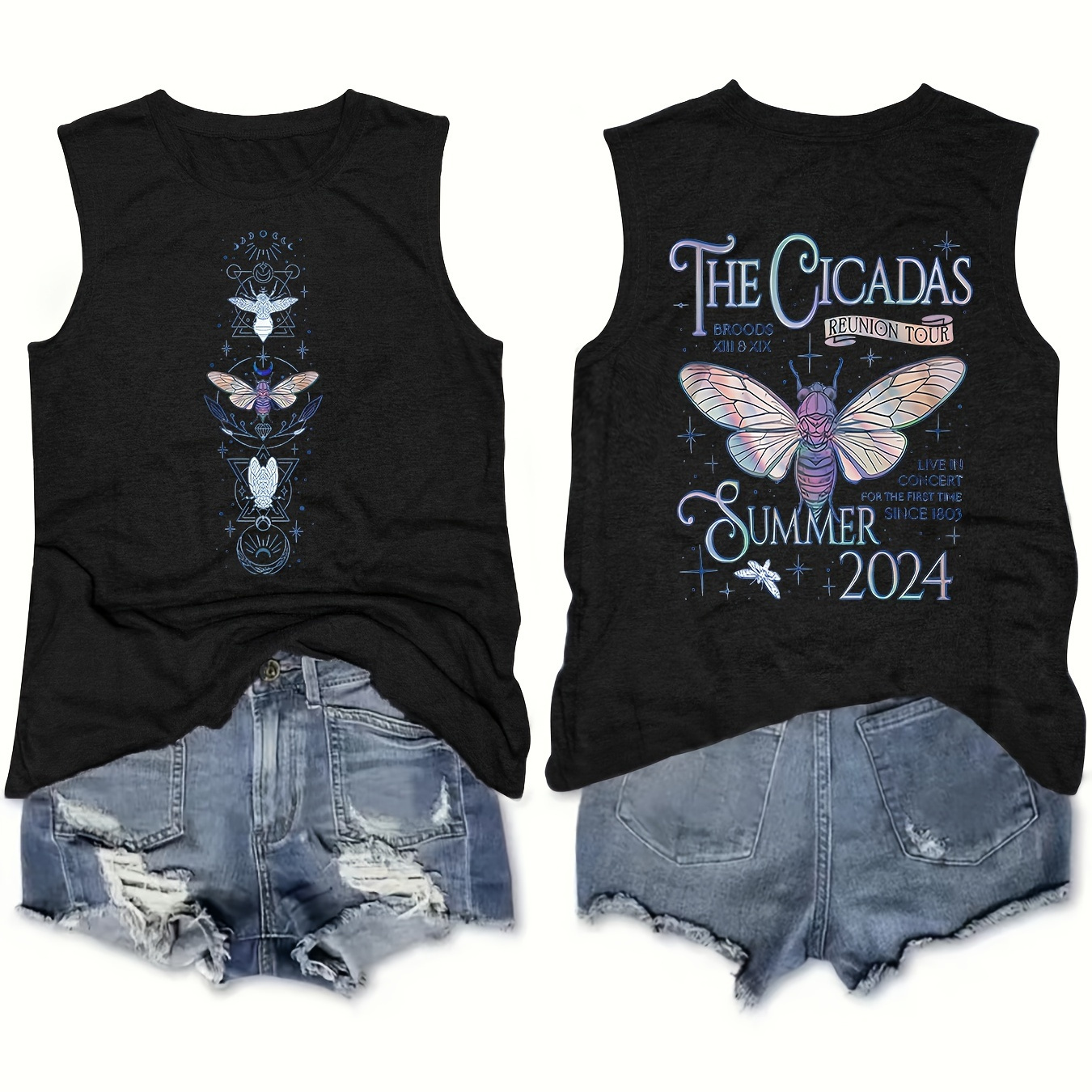 

Colorful Cicada Print Versatile Simple Tank Top, Casual Crew Neck Summer & Spring Sleeveless Top, Women's Clothing