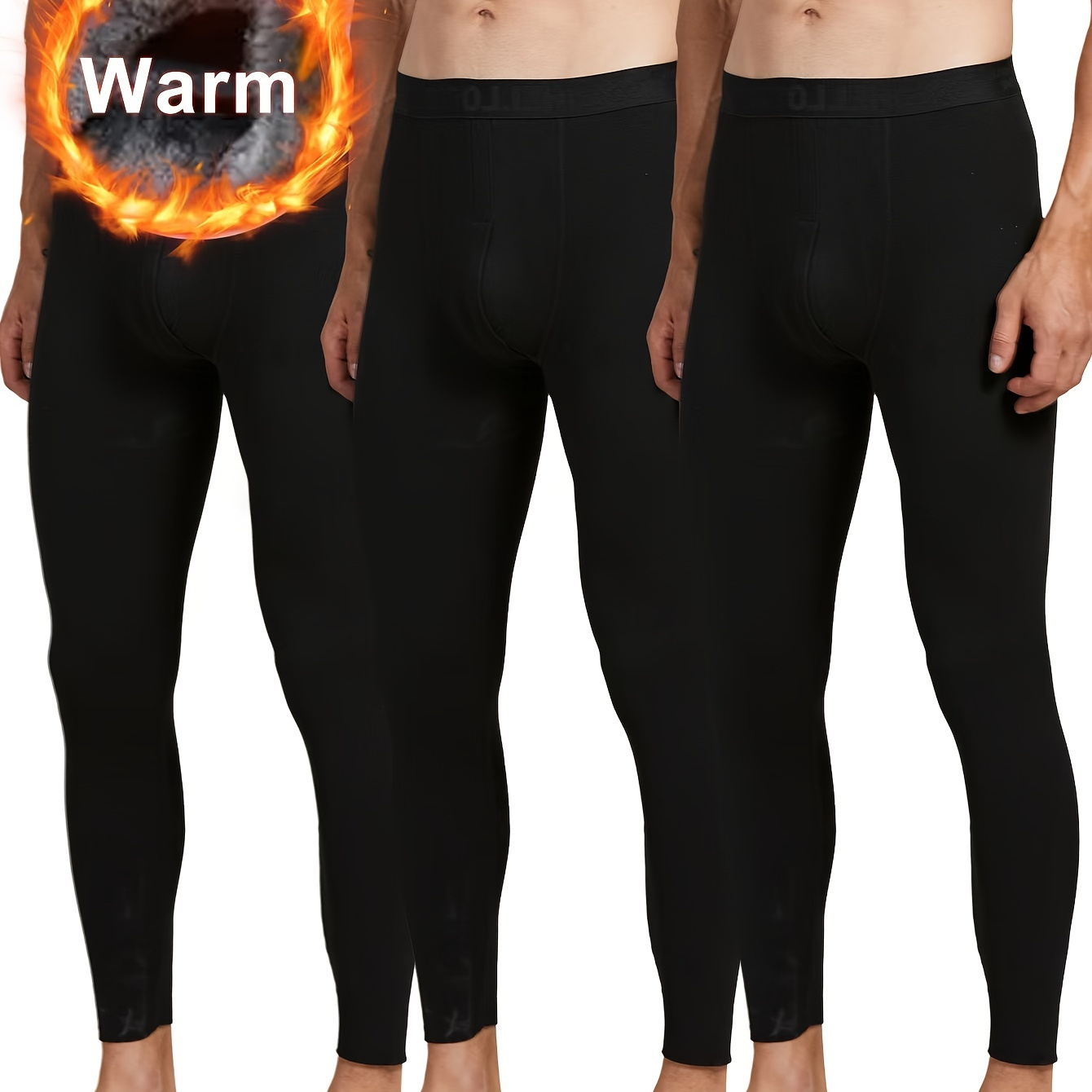 

3pcs Men's Thermal Leggings - High , Slim Fit, Warm Polyester-spandex Pants For Winter, Solid Color, Hand Washable, Fleece Lined Leggings