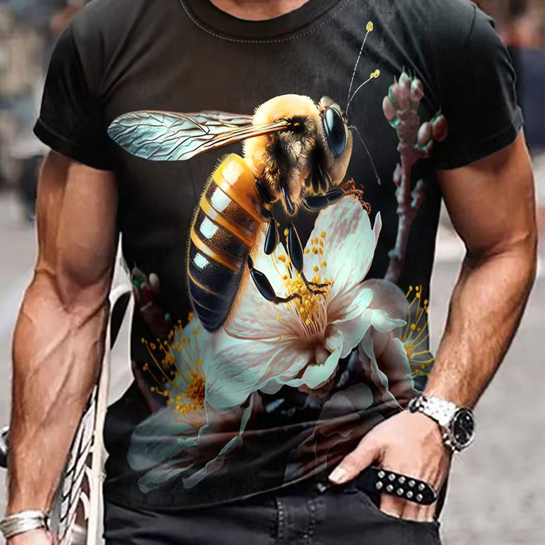 

Men's Stylish Bee Pattern Shirt, Casual Breathable Crew Neck Short Sleeve Tee Top For City Walk Street Hanging Outdoor Activities