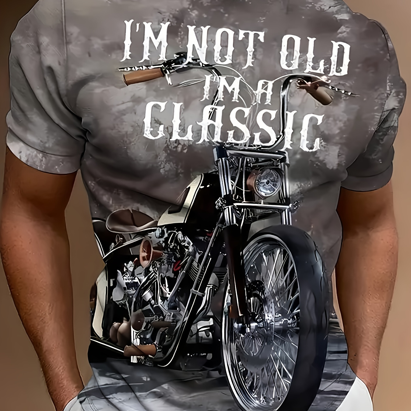 

3d Digital Classic Motorcycle Pattern And Letter Print "i'm Not Old I'm A Classic" Crew Neck And Short Sleeve T-shirt, Casual And Stylish Tops For Men's Summer Outdoors Wear