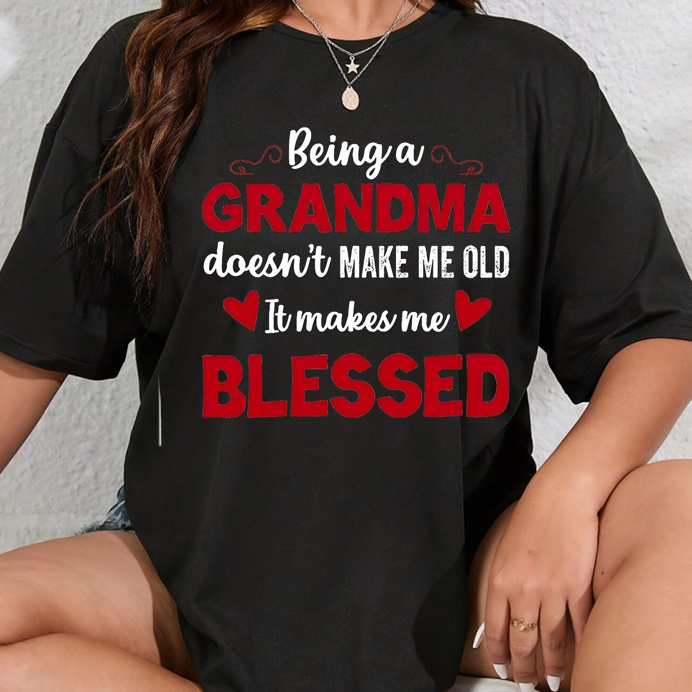 

Plus Size Grandma Blessed Print T-shirt, Casual Crew Neck Short Sleeve T-shirt For Spring & Summer, Women's Plus Size Clothing