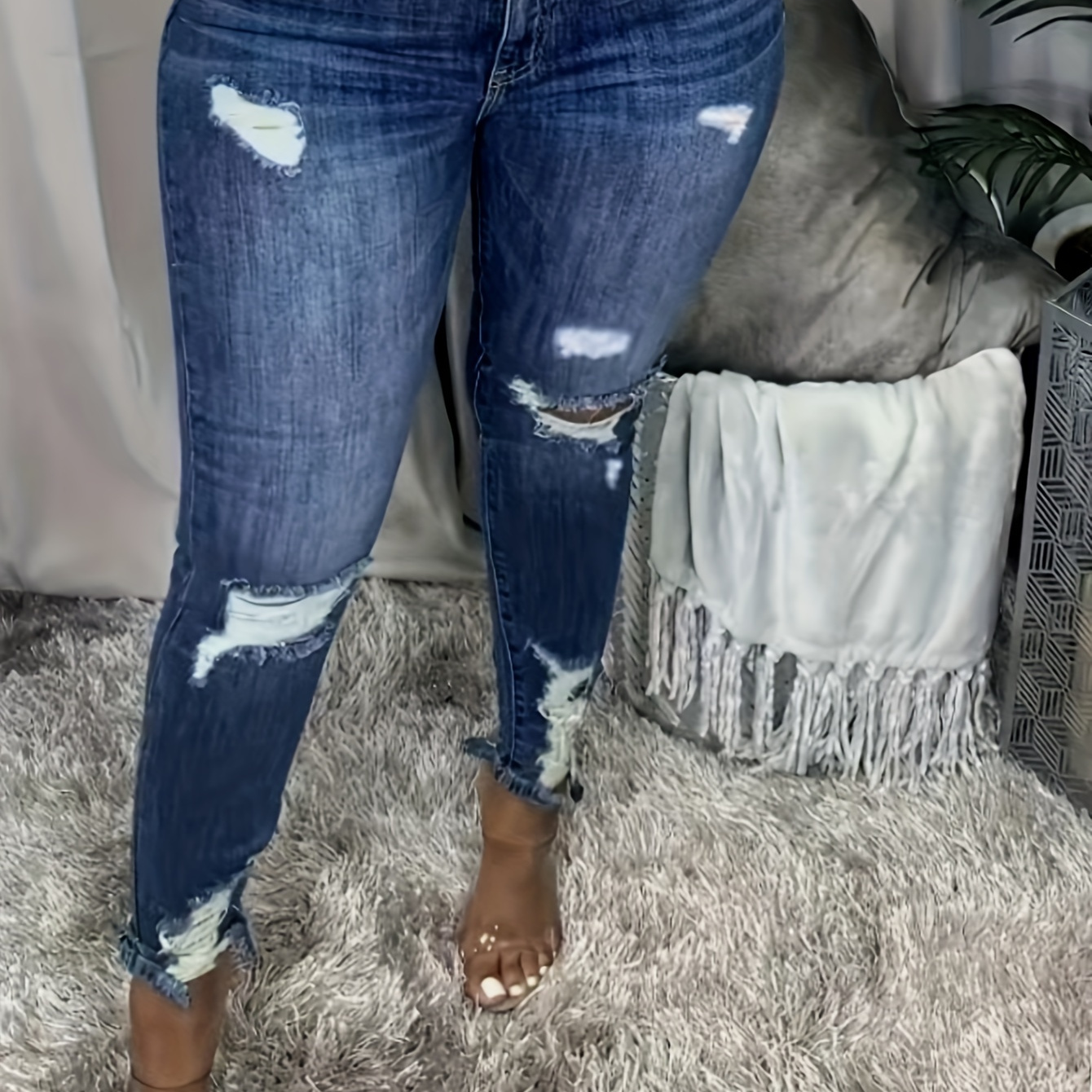 

Elegant High-waist Plus Size Ripped Jeans For Women - High Stretch Cotton Skinny Denim With Zip Fly - Long Length Fashion Pants With Ripped Detailing