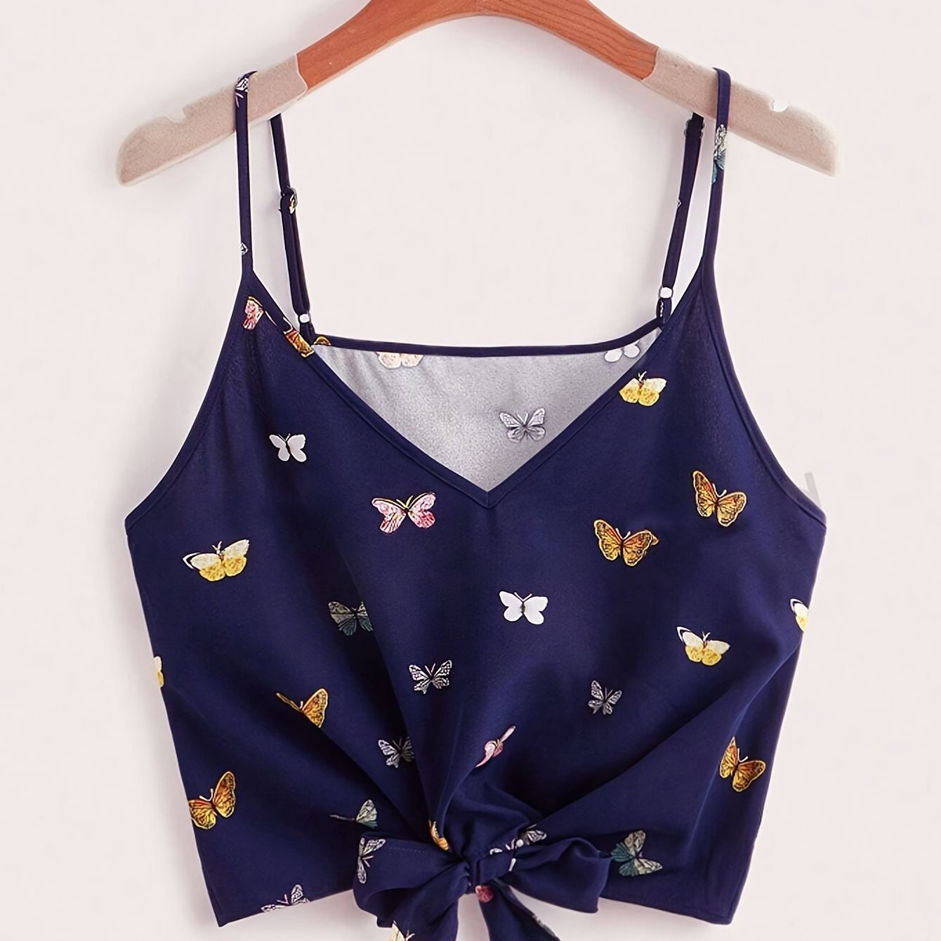

Butterfly Print Knotted Front Cami Top, Elegant Sleeveless Crop Top For Spring & Summer, Women's Clothing