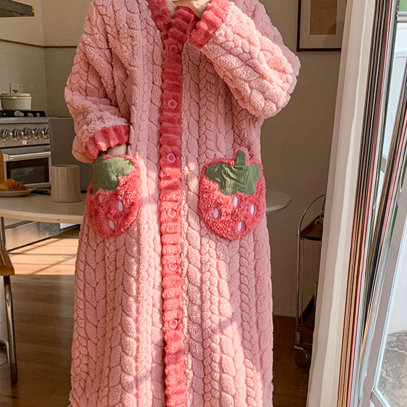 

Women's Mid-length Coral Fleece Robe With Strawberry Pockets, Button-up V-neck, Plush Wear, Cozy Thickened Sleepwear, Ideal For Fall & Winter