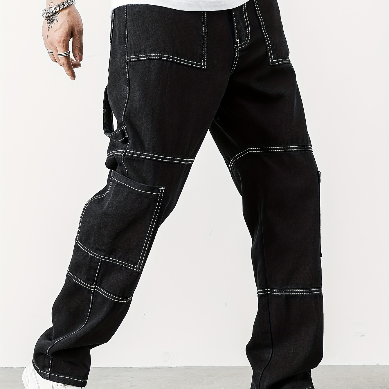 

Pocket Men's Straight Leg Cargo Pants, Loose Trendy Outdoor Pants, Mens Denim Pants K-pop