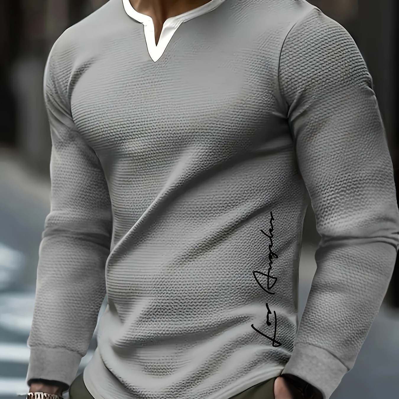 

Chic Design Men's Los Angeles Letter Print And Waffle Knit Long Sleeve V-neck Henley Shirt, Trendy And Casual Tops For Autumn And Winter Outdoors Leisurewear