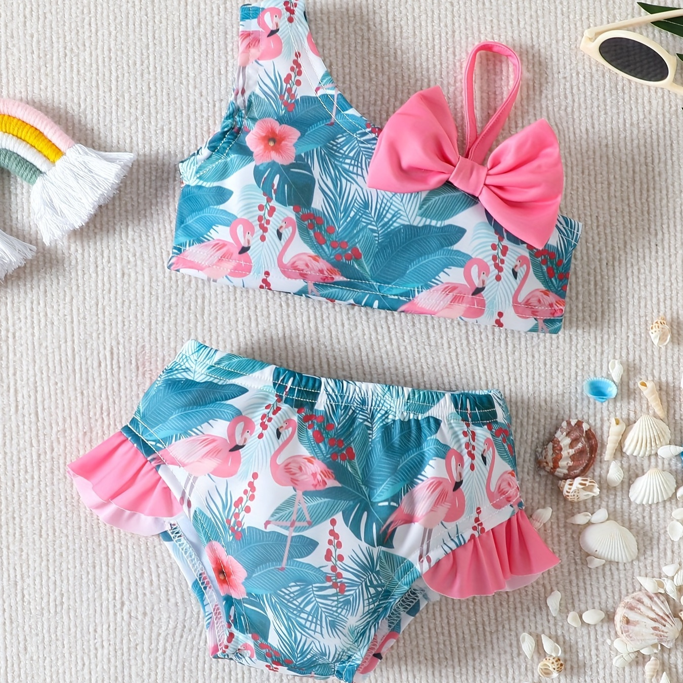 

Girls Bikini Swimsuit 2pcs Sleeveless Tankini Top & Briefs Flamingo Print Ruffle Bow Decor Slanted Shoulder Stretchy Cute Beach Vacation Casual Kids Clothes Summer