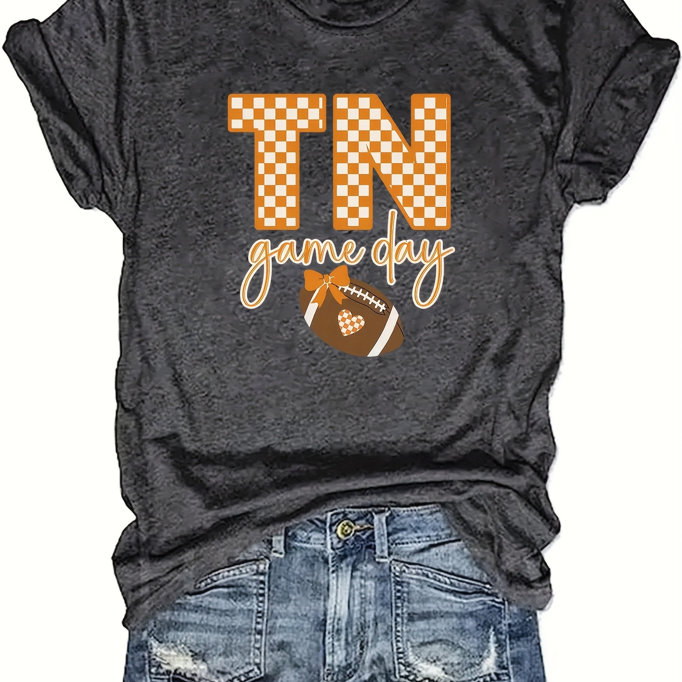 

Tennessee "tn" Graphic Women's T-shirt - Casual Gray Polyester Tee With Checkered Print, Crew Neck, Short Sleeves, Machine Washable - Summer