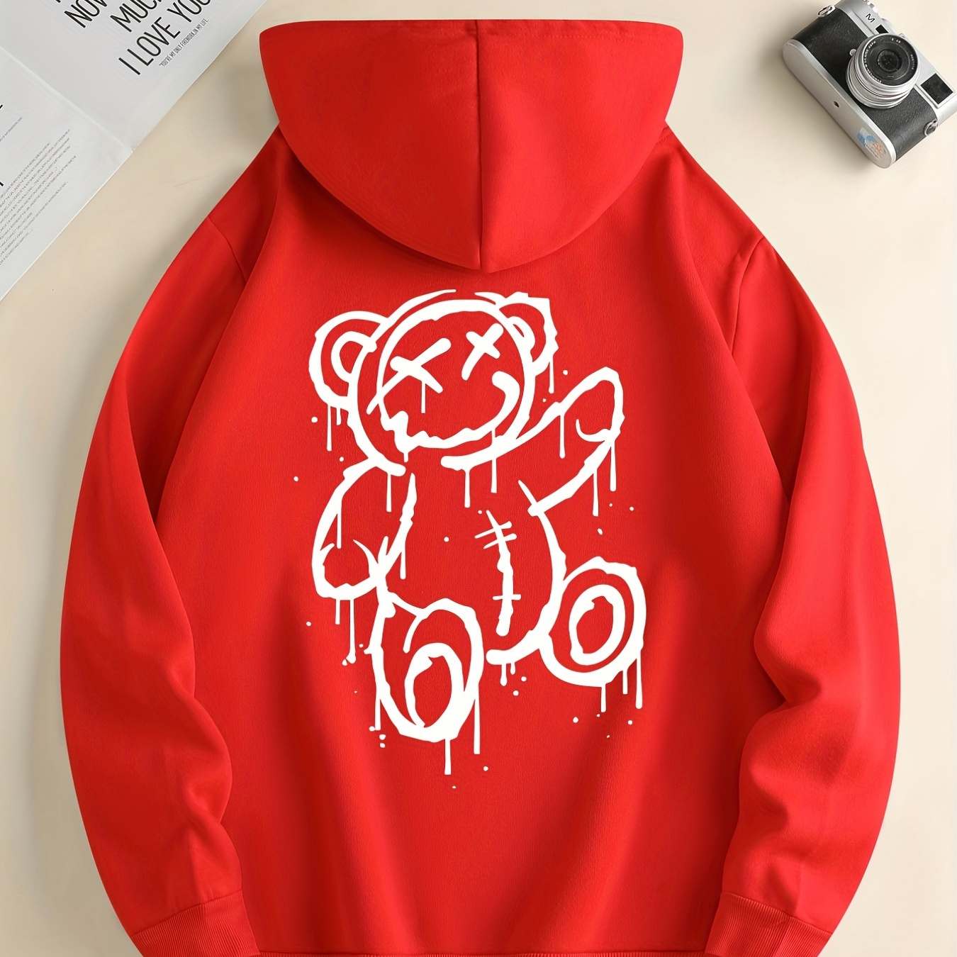 

Cartoon Bear Pattern Hoodie With Kangaroo Pocket, Men's Casual Stretch Pullover Hooded Sweatshirt