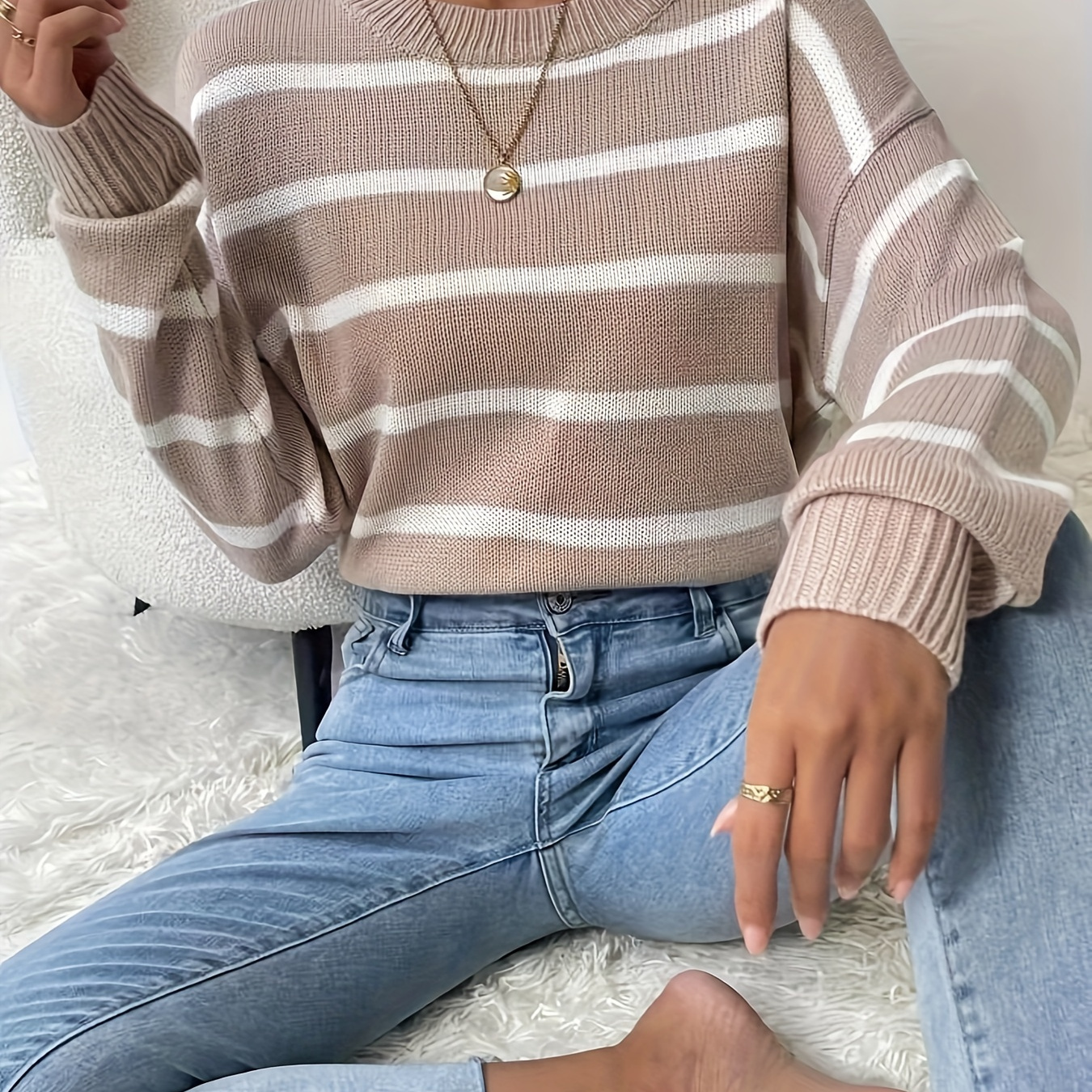 

Striped Pattern Drop Shoulder Sweater, Casual Crew Neck Long Sleeve Sweater, Women's Clothing